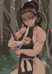 Rule 34 | 1girl, bandaged arm, bandages, bare shoulders, black hair, breasts, closed mouth, commentary request, forest, hat, highres, holding, holding bandages, holding sword, holding weapon, ichiren takushou, large breasts, long hair, looking at viewer, mana (gesogeso), muscular, muscular female, nature, original, polearm, red eyes, scar, scar on arm, scar on face, scar on leg, solo, spear, straw hat, sword, weapon