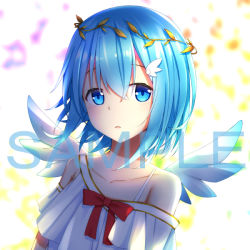 Rule 34 | 1girl, aoi thomas, backlighting, blue eyes, blue hair, blurry, blurry background, bow, collarbone, commentary request, commission, depth of field, dress, hair between eyes, looking at viewer, mini wings, off-shoulder dress, off shoulder, original, parted lips, red bow, sample watermark, short hair, solo, upper body, watermark, white dress, white wings, wing hair ornament, wings