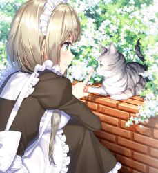 Rule 34 | 1girl, animal, apron, blonde hair, blush, breasts, brick wall, brown dress, bush, cat, closed mouth, copyright request, day, dress, frilled apron, frilled dress, frills, from side, green eyes, index finger raised, juliet sleeves, long sleeves, maid, maid headdress, masuishi kinoto, medium breasts, outdoors, profile, puffy sleeves, short hair, smile, solo, squatting, tareme, whiskers, white apron