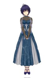 Rule 34 | 1girl, 22/7, black hair, blue footwear, bow, brown eyes, bxtbsy7q76gxh73, closed mouth, dress, full body, highres, looking at viewer, own hands clasped, own hands together, see-through, see-through sleeves, short hair, solo, standing, takigawa miu, white background