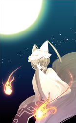 Rule 34 | 1girl, animal hat, artist request, blonde hair, female focus, fire, fire, fox tail, frills, from side, full moon, hat, long sleeves, mob cap, moon, multiple tails, night, mob cap, short hair, solo, tabard, tail, tassel, touhou, wide sleeves, yakumo ran