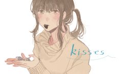 Rule 34 | 1girl, blush, brown eyes, brown hair, candy, chocolate, food in mouth, hershey&#039;s kisses, hinao (flowerrabbit2348), holding, looking at viewer, mouth hold, original, ponytail, short hair, sidelocks, simple background, solo, turtleneck, upper body, white background