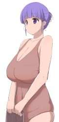 Rule 34 | 1girl, bare shoulders, breasts, brown one-piece swimsuit, cleavage, collarbone, female focus, highres, huge breasts, namamo (kura), one-piece swimsuit, plump, purple eyes, purple hair, short hair, simple background, sketch, solo, standing, swimsuit, white background