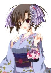 Rule 34 | 1girl, :d, absurdres, bag, blush, breasts, brown hair, ebiten (manga), floral print, hair ornament, handbag, highres, inugami kira, japanese clothes, kimono, long sleeves, looking at viewer, official art, open mouth, purple eyes, simple background, smile, tareme, todayama kyouko, upper body, white background, wide sleeves, yukata
