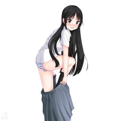 Rule 34 | 1girl, absurdres, akiyama mio, ass, black hair, blue eyes, blush, breasts, dressing, embarrassed, highres, k-on!, large breasts, long hair, looking at viewer, open mouth, panties, pantyshot, sainohikari, shirt, simple background, skirt, solo, striped clothes, striped panties, underwear, wavy mouth, white background, white shirt