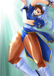 Rule 34 | 1girl, arm up, blue eyes, boots, bracelet, breasts, brown hair, bun cover, capcom, china dress, chinese clothes, chun-li, double bun, dress, earrings, female focus, gradient background, hair bun, highres, hiiaru, jewelry, legs, open mouth, pantyhose, solo, spiked bracelet, spikes, street fighter, thighs