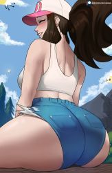 Rule 34 | 1girl, absurdres, artist name, ass, ass focus, back, bare shoulders, baseball cap, blush, brown hair, closed eyes, cloud, cloudy sky, commentary, creatures (company), cropped shirt, cutiefly, denim, denim shorts, echo saber, from behind, game freak, gen 7 pokemon, hat, highres, hilda (pokemon), huge ass, lips, long hair, median furrow, micro shorts, mountain, nintendo, outdoors, patreon username, pokemon, pokemon bw, ponytail, shorts, sitting, sky, smile, solo, tank top, thighs, watermark, web address, white tank top