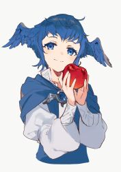 Rule 34 | 1girl, absurdres, apple, asahikawa hiyori, blue capelet, blue eyes, blue gemstone, blue hair, brooch, capelet, collared dress, commentary request, cropped torso, dress, feathered wings, final fantasy, final fantasy xiv, food, fruit, gem, hands up, head wings, highres, holding, holding food, holding fruit, jewelry, long sleeves, looking at viewer, meteion, short bangs, short hair, simple background, smile, solo, upper body, white background, white dress, wings