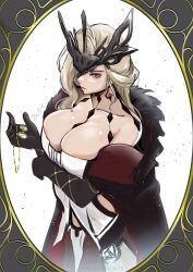 Rule 34 | 1girl, bare shoulders, black gloves, blonde hair, breasts, cleavage, commentary, cowboy shot, dress, genshin impact, gloves, grey eyes, headpiece, highres, holding, large breasts, long hair, off shoulder, signora (genshin impact), solo, standing, vialnite, white dress
