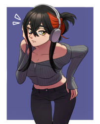 Rule 34 | 1girl, alternate costume, black hair, black pants, border, breasts, carmine (pokemon), cleavage, closed mouth, commentary request, cowboy shot, creatures (company), crossed bangs, echizen (n fns17), eyelashes, game freak, grey shirt, hair between eyes, hand on own hip, hand up, headphones, highres, leaning forward, long sleeves, medium breasts, mole, mole under eye, multicolored hair, nintendo, notice lines, off shoulder, pants, pokemon, pokemon sv, red hair, shirt, sidelocks, solo, thumb hole sleeves, two-tone hair, white border, yellow eyes, zipper pull tab
