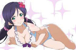 Rule 34 | 1girl, bikini, blush, breasts, cleavage, collarbone, flower, frilled bikini, frills, green eyes, hair flower, hair ornament, hibiscus, highres, large breasts, long hair, looking at viewer, love live!, love live! school idol project, lying, nagi mkrnpn, navel, on side, purple hair, signature, smile, solo, stomach, swimsuit, tojo nozomi, twintails, white bikini
