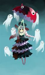 Rule 34 | 1girl, boots, dress, flower, flying, ghost, gothic lolita, gradient background, hat, hat flower, lolita fashion, one piece, parasol, perona, pink hair, red footwear, red umbrella, shoes, solo, strapless, umbrella