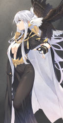 Rule 34 | 1girl, absurdres, aiguillette, azur lane, bald eagle, bird, black cape, black gloves, breasts, cape, center opening, cleavage, closed mouth, collarbone, dress, eagle, enterprise (azur lane), enterprise (heroic finery) (azur lane), evening gown, feather hair ornament, feathers, fingerless gloves, gloves, gradient background, grey background, hair ornament, highres, joker (tomakin524), large breasts, long dress, long hair, long sleeves, profile, purple eyes, silver hair