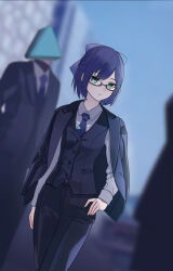 Rule 34 | 1boy, 1girl, a-chan (hololive), absurdres, black-framed eyewear, black coat, black pants, black suit, blue bow, blue eyes, blue hair, blue necktie, blue sky, blurry, blurry background, blurry foreground, bow, breasts, buttons, closed mouth, coat, commentary, day, dutch angle, expressionless, feet out of frame, formal, glasses, hair bow, hand on own hip, highres, hololive, hoshirapu, jacket, jacket on shoulders, logo, long sleeves, looking at viewer, necktie, outdoors, pants, semi-rimless eyewear, shirt tucked in, short hair, sky, small breasts, solo focus, standing, suit, tie clip, virtual youtuber, waistcoat