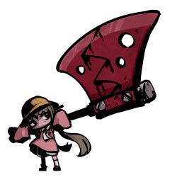 Rule 34 | 1girl, axe, black eyes, bloomers, brown hair, chibi, collared dress, commentary request, dress, full body, hat, head tilt, highres, huge weapon, jitome, kuron (uhhr2odhrppc5nw), long hair, long sleeves, low twintails, neck ribbon, no mouth, pink dress, pink sleeves, ribbon, school hat, simple background, sleeves past fingers, sleeves past wrists, socks, solo, standing, tsukuyomi ai, twintails, underwear, very long hair, voiceroid, weapon, weapon across shoulders, white background, white bloomers, white ribbon, white socks, yellow hat