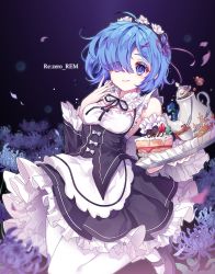Rule 34 | 1girl, bad id, bad pixiv id, blue eyes, blue hair, blush, breasts, cake, character name, cleavage, copyright name, food, hair ornament, hair over one eye, harin 0, holding, holding tray, looking at viewer, maid, mary janes, medium breasts, pantyhose, parted lips, re:zero kara hajimeru isekai seikatsu, rem (re:zero), shoes, solo, tongue, tongue out, tray, white pantyhose, x hair ornament