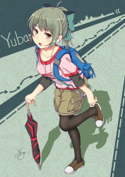 Rule 34 | 10s, 1girl, adjustable wrench, ahoge, alternate costume, backpack, bag, black pantyhose, bow, brown eyes, casual, character name, closed umbrella, collarbone, dawn02, earphones, grey hair, hair bow, highres, kantai collection, leg up, pantyhose under shorts, looking at viewer, open mouth, pantyhose, planted, planted umbrella, ponytail, shorts, signature, solo, umbrella, wrench, yuubari (kancolle)