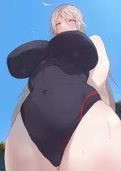 Rule 34 | 1girl, :&lt;, absurdres, agovitch, ahoge, arms behind back, bad id, bad perspective, bad twitter id, bare shoulders, black one-piece swimsuit, blue eyes, blue sky, blurry, blush, breasts, closed mouth, covered erect nipples, covered navel, cowboy shot, day, depth of field, female focus, foreshortening, from below, frown, grey hair, hair between eyes, half-closed eyes, highres, huge breasts, long hair, looking at viewer, looking down, one-piece swimsuit, original, outdoors, scowl, skin tight, sky, solo, standing, swimsuit, thighs, tree, v-shaped eyebrows, very long hair, water, water drop, wet