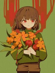 Rule 34 | 1other, bouquet, brown shorts, chara (undertale), closed mouth, fetransistor, flower, green sweater, highres, holding, holding bouquet, long sleeves, looking to the side, orange flower, red eyes, shorts, solo, striped clothes, striped sweater, sweater, undertale