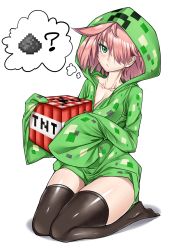 Rule 34 | 1girl, :/, ?, black thighhighs, breasts, cleavage, collarbone, commentary, creeparka, creeper, english commentary, examon (sigemaultraexa), explosive, green eyes, green hoodie, gunpowder, hair over one eye, highres, hood, hood up, hoodie, long sleeves, looking at viewer, medium hair, minecraft, personification, pink hair, propellant, seiza, shiny skin, simple background, sitting, sleeves past fingers, sleeves past wrists, solo, thighhighs, thought bubble, tnt, tsurime, white background