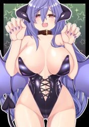 Rule 34 | 1girl, areola slip, blush, breasts, collar, demon horns, demon tail, demon wings, dura, fang, halloween, halloween costume, highres, horns, iris heart, kami jigen game neptune v, large breasts, leotard, neptune (series), open mouth, power symbol, power symbol-shaped pupils, purple hair, red eyes, solo, symbol-shaped pupils, tail, wings