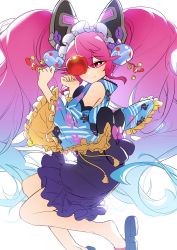 Rule 34 | 1girl, bare shoulders, bell, black gloves, candy apple, cleo (dragalia lost), covering own mouth, dragalia lost, food, gloves, hair bell, hair ornament, hairband, hand over own mouth, hand up, highres, japanese clothes, jingle bell, kimono, long hair, looking at viewer, multicolored hair, pink eyes, pink hair, sandals, simple background, solo, thighs, twintails, upper body, white background, xiafei97, yukata