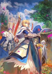 Rule 34 | 2girls, 5boys, ahoge, armor, armored dress, artoria pendragon (all), artoria pendragon (fate), avalon (fate/stay night), banner, bedivere (fate), bird, bird on hand, blonde hair, blue cape, blue sky, boots, braid, breastplate, cape, castle, closed mouth, cloud, cloudy sky, commentary request, day, excalibur (fate/stay night), closed eyes, fate/apocrypha, fate/grand order, fate (series), faulds, field, flower, flower field, forest, fur trim, gauntlets, gorget, greaves, green eyes, highres, holding, holding staff, juliet sleeves, lack, long hair, long sleeves, merlin (fate/stay night), mordred (fate), mordred (fate/apocrypha), multiple boys, multiple girls, nature, outdoors, pauldrons, plate armor, puffy sleeves, purple eyes, purple hair, red hair, saber (fate), short hair, shoulder armor, silver hair, sitting, sky, smile, staff, standing, tree, yellow eyes