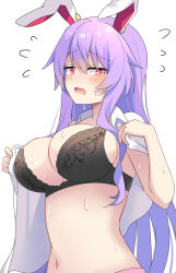 Rule 34 | 1girl, animal ears, black bra, blush, bra, breasts, cleavage, collared shirt, e.o., embarrassed, hand up, highres, large breasts, light frown, long hair, looking at viewer, navel, notice lines, open mouth, purple hair, rabbit ears, reisen udongein inaba, shirt, sidelocks, simple background, solo, sweat, touhou, underwear, undressing, upper body, white background, white shirt