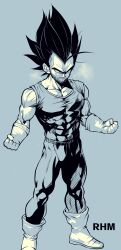 1boy absurdres artist_name black_hair bodysuit boots breath clenched_hands covered_abs dragon_ball dragonball_z facial_hair full_body gloves highres male_focus monochrome muscular muscular_male pectorals rahime simple_background solo spiked_hair standing vegeta white_gloves