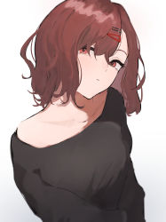 Rule 34 | 1girl, absurdres, black shirt, collarbone, expressionless, hair ornament, hairclip, hairpin, head tilt, highres, higuchi madoka, idolmaster, idolmaster shiny colors, looking at viewer, pikuson, red eyes, red hair, shirt, short hair, simple background, solo, upper body, wavy hair, white background