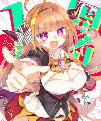 Rule 34 | 1girl, ahoge, black bow, black hairband, black jacket, blonde hair, blouse, blunt bangs, blush, bow, bowtie, braid, breasts, brooch, chain, chain necklace, cleavage, cleavage cutout, clothing cutout, collared shirt, commentary request, diagonal-striped bow, dragon girl, dragon horns, dragon tail, fang, fingernails, gem, hair ornament, hairband, higashi miyako, highres, hip vent, hololive, horn bow, horn ornament, horns, jacket, jewelry, kiryu coco, kiryu coco (1st costume), large breasts, long hair, looking at viewer, miniskirt, multicolored hair, necklace, open mouth, orange hair, pleated skirt, pointing, pointing at viewer, pointy ears, purple eyes, red skirt, scales, shirt, side-tie skirt, side braid, single braid, skin fang, skirt, smile, solo, streaked hair, striped, tail, text background, upper body, virtual youtuber, white bow, white shirt, wings