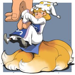Rule 34 | 1girl, blonde hair, brown eyes, fox tail, hanging, hat, male hand, mini person, minigirl, multiple tails, onikobe rin, short hair, simple background, solo, tail, touhou, yakumo ran