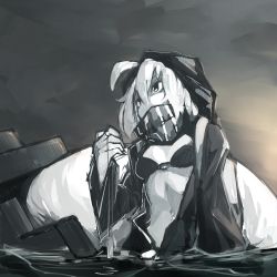Rule 34 | 10s, 1girl, abyssal ship, ahoge, breasts, deel (rkeg), dog tags, greyscale, highres, hood, hoodie, kantai collection, monochrome, partially submerged, re-class battleship, scarf, small breasts, solo, water, whistle, white hair