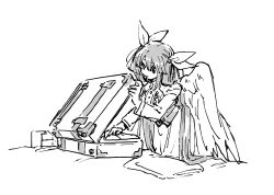 Rule 34 | 1girl, angel wings, belt, dizzy (guilty gear), dress, greyscale, guilty gear, guilty gear xx, hair between eyes, hair ribbon, hair rings, highres, long hair, long sleeves, monochrome, ribbon, simple background, sketch, solo, suitcase, tosshin, twintails, very long hair, white background, wings
