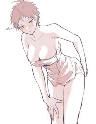 Rule 34 | 1girl, amido (compassion273), bare shoulders, bent over, blush, breasts, brown hair, cleavage, closed mouth, collarbone, commentary request, danganronpa (series), danganronpa 2: goodbye despair, genderswap, genderswap (mtf), hand on own ass, hand on own thigh, highres, hinata hajime, large breasts, limited palette, looking down, naked towel, pale skin, shirt, short hair, simple background, solo, towel, wet, wet hair, white background
