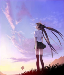 Rule 34 | 1girl, black thighhighs, bow, brown hair, cloud, evening, floating hair, grass, hair bow, long hair, looking up, road sign, school uniform, serafuku, shirt, short sleeves, sign, skirt, sky, solo, standing, sunlight, sunset, thighhighs, twilight, twintails, ueda ryou, white shirt, wind, zettai ryouiki