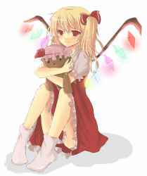 Rule 34 | 1girl, bad id, bad pixiv id, blonde hair, crystal, doll, female focus, flandre scarlet, full body, glowing, hat, mob cap, one side up, red eyes, ribbon, side ponytail, simple background, sitting, socks, solo, tetsuo (tashirosu), touhou, white background, wings
