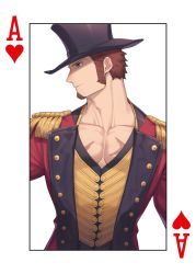 Rule 34 | 00047, 1boy, ace (playing card), ace of hearts, ace of spades, bara, blue eyes, brown hair, cross scar, epaulettes, facial hair, fate/grand order, fate (series), goatee, hat, heart, long sideburns, looking at another, male focus, mature male, muscular, muscular male, napoleon bonaparte (fate), official alternate costume, pectoral cleavage, pectorals, playing card, poker, scar, scar on chest, short hair, sideburns, solo, spade (shape), top hat, upper body, welcome to the travelling circus!