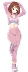Rule 34 | 1girl, absurdres, alternate costume, arms up, blush, boku no hero academia, breasts, brown hair, cleavage, closed mouth, collarbone, commentary, commission, crop top, english commentary, gluteal fold, highres, leg up, long sleeves, looking at viewer, medium breasts, midriff, navel, pants, pink footwear, pink pants, red eyes, rynzfrancis, shoes, short hair, simple background, smile, sneakers, solo, standing, standing on one leg, thigh gap, track pants, twitter username, uraraka ochako, white background