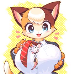 Rule 34 | 1boy, 1girl, :3, :d, animal ears, beige fur, between breasts, blue eyes, blush, blush stickers, body fur, breast pocket, breasts, brown fur, cat, cat ears, cat girl, cat tail, claws, dotted background, furry, furry female, furry male, furry with furry, grabbing own breast, large breasts, light brown hair, looking at another, lowres, mini person, miniboy, mouse (animal), mouse boy, mouse ears, mouse tail, necktie, open mouth, orange fur, original, pawpads, pocket, red neckwear, shirt, simple background, smile, tail, takiune, uniform, white background, white fur, white shirt, yellow background