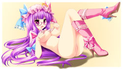Rule 34 | 1girl, :d, bespectacled, boots, breasts, female focus, glasses, hat, high heels, highres, kamiya tomoe, large breasts, long hair, looking at viewer, lying, nipples, no panties, nude, on back, open mouth, panties, patchouli knowledge, paw pose, purple-framed eyewear, purple eyes, purple hair, pussy, smile, solo, striped clothes, striped panties, touhou, uncensored, underwear, very long hair