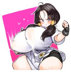 Rule 34 | 1girl, angry, black hair, blue eyes, bouncing breasts, breasts, covered erect nipples, cowboy shot, dot nose, dragon ball, dragonball z, female focus, fighting stance, huge breasts, looking at viewer, motion blur, no bra, outline, pale skin, pink background, sachito, shiny clothes, shiny skin, skin tight, solo, thick thighs, thighs, videl, white background, white outline