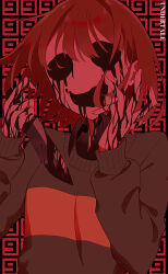 Rule 34 | 1other, :d, a13amp, androgynous, black background, black eyes, black undershirt, blood, blood from mouth, blood on face, blood on hands, bloody knife, bloody tears, bob cut, brown hair, chara (undertale), close-up, collared shirt, commentary, copyright name, crazy smile, empty eyes, green sweater, hair between eyes, hair over eyes, hand on own face, highres, holding, holding knife, holding weapon, horror (theme), knife, looking at viewer, messy hair, number background, open mouth, portrait, red background, red theme, reverse grip, shirt, short hair, simple background, single horizontal stripe, smile, spoilers, sweater, two-tone sweater, undertale, upper body, weapon, wide-eyed, yellow sweater