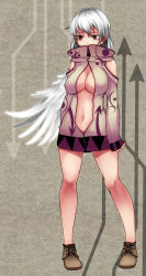 Rule 34 | 1girl, alternate costume, angel wings, aoshima, bare shoulders, breasts, cleavage, dress, empty eyes, female focus, highres, kishin sagume, large breasts, long sleeves, navel, no bra, open clothes, open dress, print dress, red eyes, short dress, silver hair, single wing, solo, touhou, wings