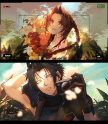 Rule 34 | 1boy, 1girl, aerith gainsborough, arm behind head, armor, black hair, blue eyes, blurry, blurry foreground, braid, braided ponytail, brown hair, camera, cloud, cloudy sky, couple, crisis core final fantasy vii, earrings, final fantasy, final fantasy vii, flower, gloves, green eyes, hetero, highres, holding, holding camera, jewelry, leaf, long hair, outdoors, parted bangs, plant, shoulder armor, sidelocks, single earring, sky, spiked hair, square enix, stud earrings, sweater, sysakuya, taking picture, turtleneck, turtleneck sweater, upper body, zack fair