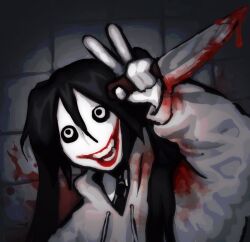 Rule 34 | 1girl, alternate costume, alternate hair color, black eyes, black hair, blood, blood on wall, bloody weapon, creepypasta, grey hoodie, hatsune miku, holding, holding knife, hood, hoodie, jeff the killer, knife, lobotoloid, pale skin, red lips, solo, twintails, v, vocaloid, weapon