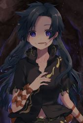 Rule 34 | 1girl, arm ribbon, arm strap, blue eyes, blue hair, bow, breasts, cave, chain belt, collared shirt, commentary request, dirty, empty eyes, forehead, grey shirt, grey skirt, hand on own chest, highres, himemushi momoyo, jewelry, long hair, looking at viewer, messy hair, midriff peek, open mouth, orange bow, orange ribbon, partially unbuttoned, ribbon, ring, shirt, short sleeves, shukinuko, skirt, skirt set, small breasts, solo, touhou, very long hair