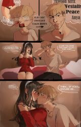 Rule 34 | 1boy, 1girl, absurdres, bare shoulders, black hair, black panties, blonde hair, blood, blue eyes, blush, breasts, comic, commentary, english commentary, english text, enn matien, foreplay, hairband, hetero, highres, husband and wife, imminent kiss, large breasts, lingerie, long hair, meme, my name is skyler white yo (meme), nosebleed, off-shoulder sweater, off shoulder, on bed, panties, pantyshot, red eyes, red sweater, right-to-left comic, sitting, speech bubble, spy x family, sweater, twilight (spy x family), undercut, underwear, white hairband, yor briar