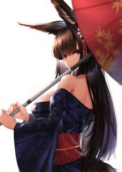 Rule 34 | 1girl, absurdres, amagi (azur lane), animal ears, azur lane, bare shoulders, blush, breasts, brown hair, closed mouth, commentary request, eyeshadow, from behind, highres, holding, holding umbrella, japanese clothes, kimono, large breasts, long hair, long sleeves, looking at viewer, looking back, lordol, makeup, obi, off shoulder, oil-paper umbrella, purple eyes, purple kimono, sash, sideboob, simple background, solo, straight hair, tail, umbrella, very long hair, white background, wide sleeves