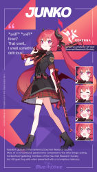 Rule 34 | 1girl, absurdres, assault rifle, blue archive, blush, boots, character name, character sheet, demon girl, demon horns, doremi, dual wielding, emblem, full body, gun, halo, highres, holding, horns, junko (blue archive), long hair, necktie, official art, over shoulder, pleated skirt, purple eyes, red hair, rifle, school uniform, skirt, solo, stg44, twintails, very long hair, weapon, weapon over shoulder